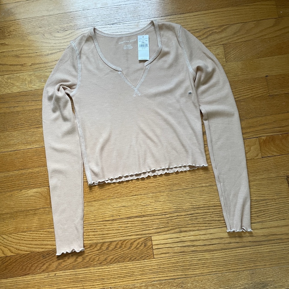 American Eagle Pink Long Sleeve Ribbed Lettuce Edge Shirt